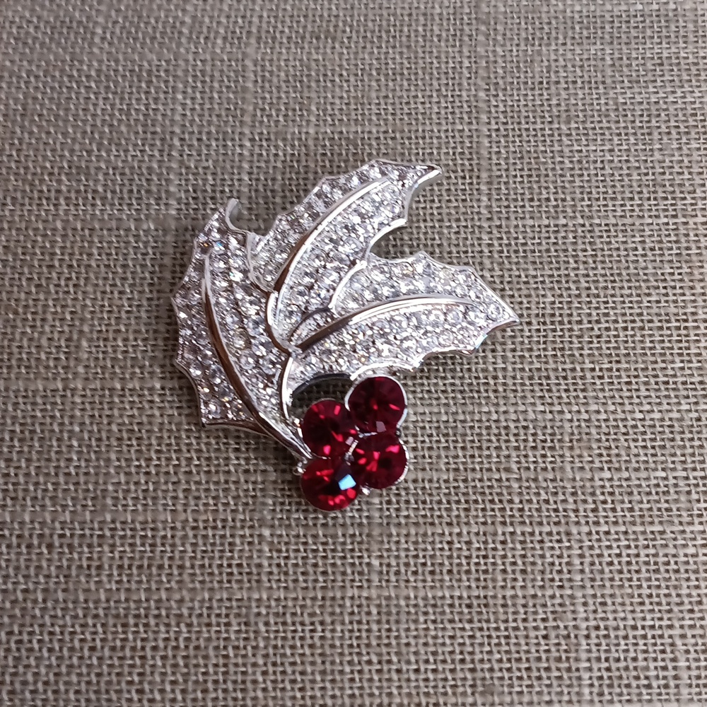 Monet Silver Red Rhinestone Holly Leaf Brooch